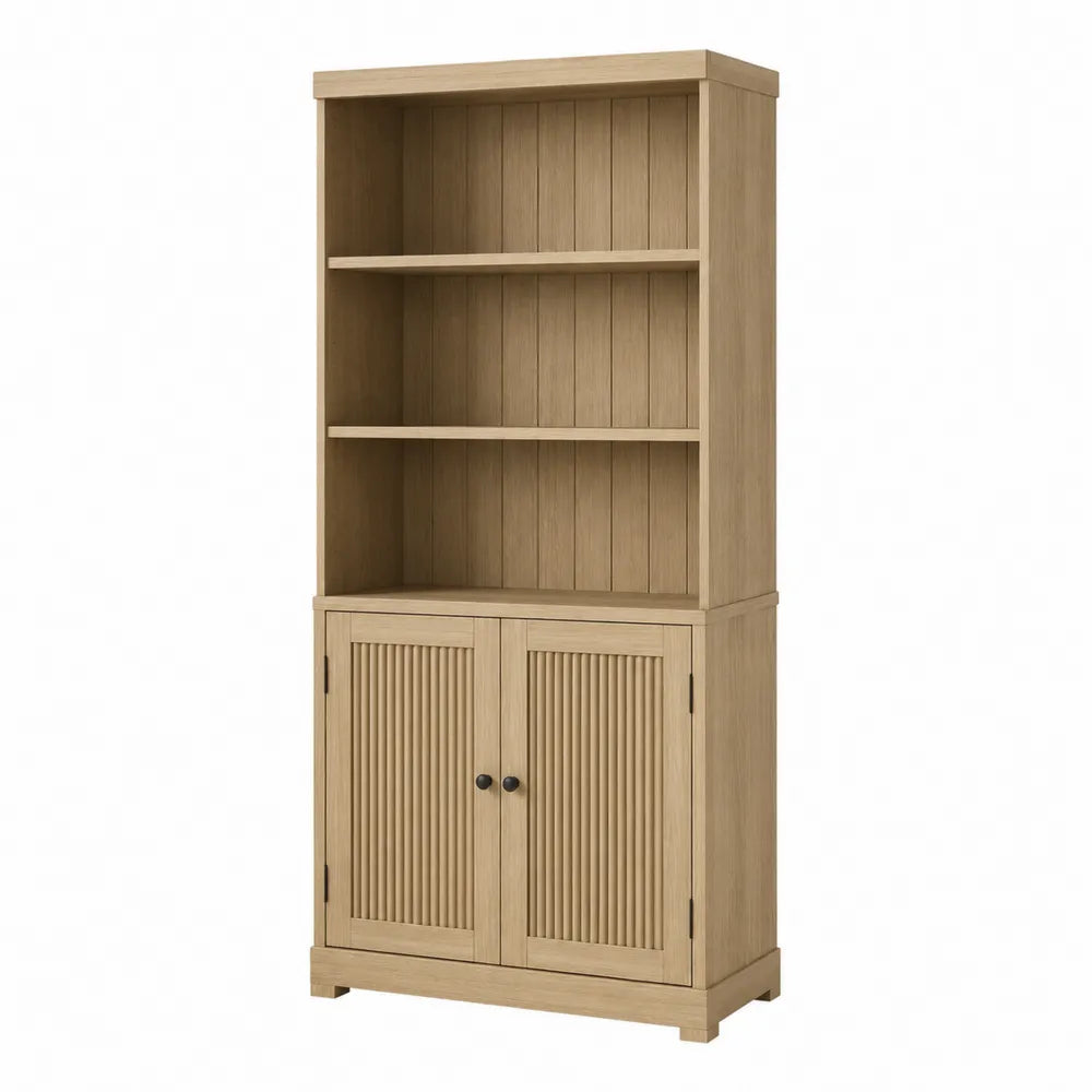 Tall Rectangular Natural Wood Bookshelf with Shelves and Cabinet 180cm