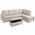 Beige L-Shaped Fabric Sectional Sofa with Storage Ottoman