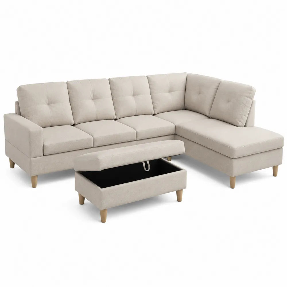 Beige L-Shaped Fabric Sectional Sofa with Storage Ottoman