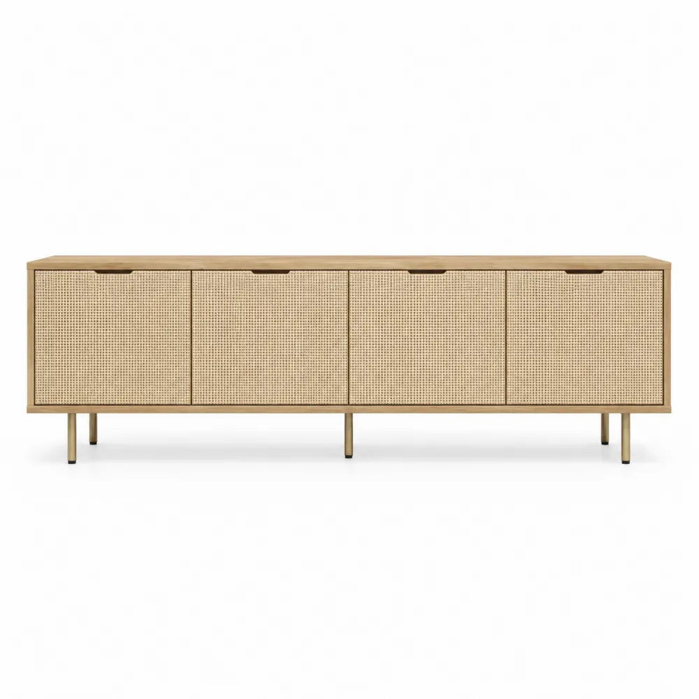 Rectangular Wood TV Stand with Rattan Panel Doors 180 cm