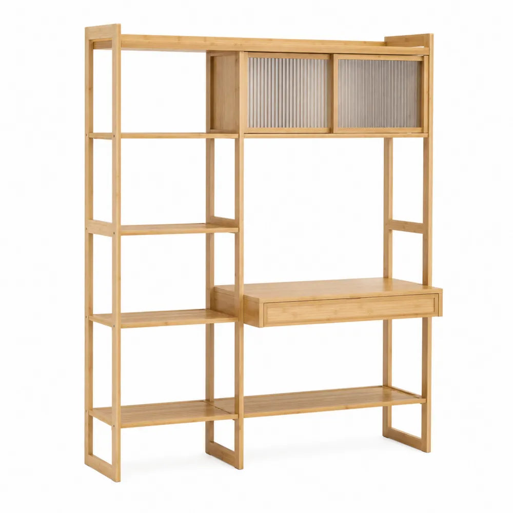 Bamboo Desk with Shelving Unit and Frosted Glass Doors 120cm