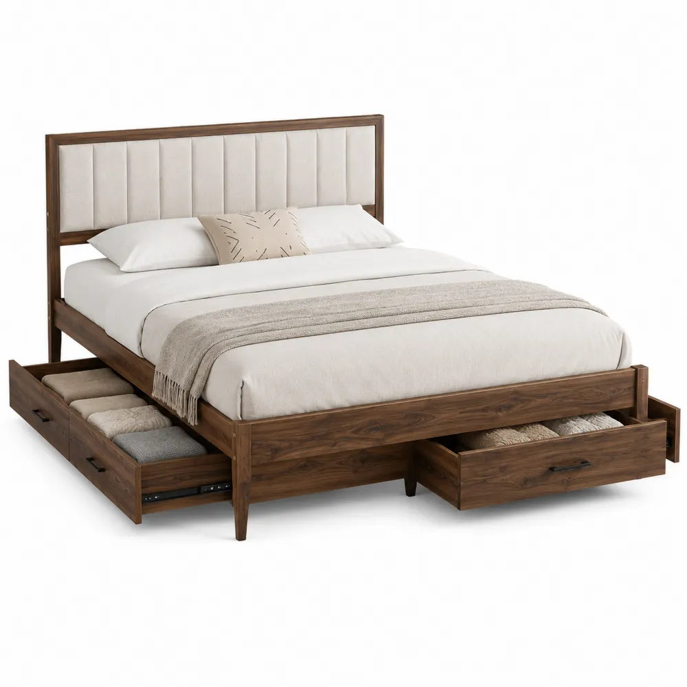 Queen Size Walnut Bed with Storage Drawers