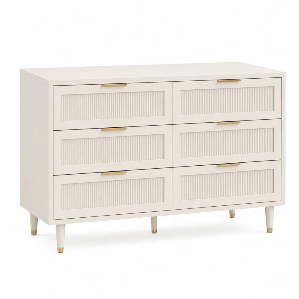 Wood Finish Six-Drawer Dresser with Gold Handles Cream 120x45x85 cm