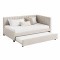 Twin Daybed with Pull-Out Trundle Upholstered Fabric, Beige