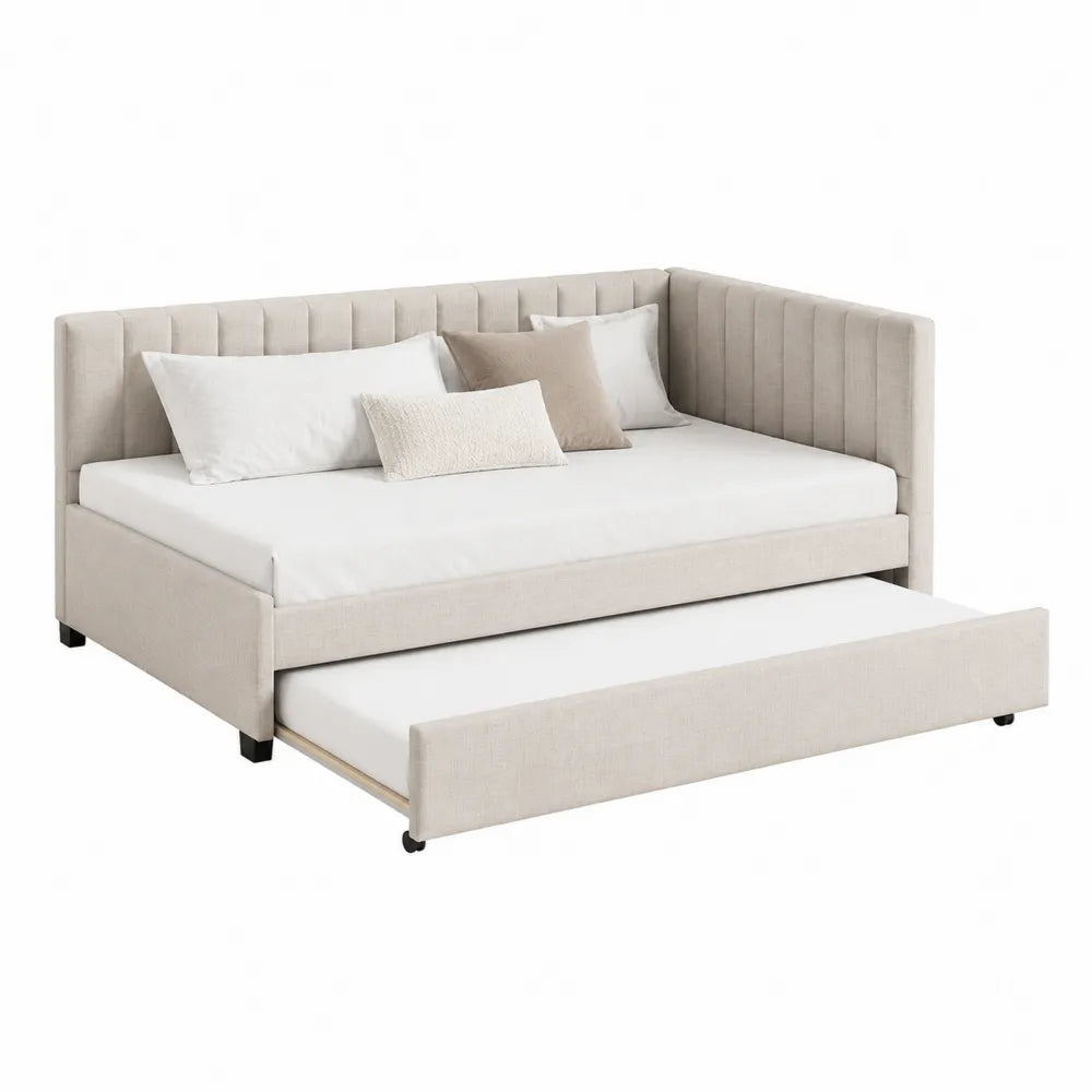 Twin Daybed with Pull-Out Trundle Upholstered Fabric, Beige