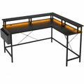 L-Shaped Metal and Wood Desk with LED Lighting and Storage Black 140cm x 120cm