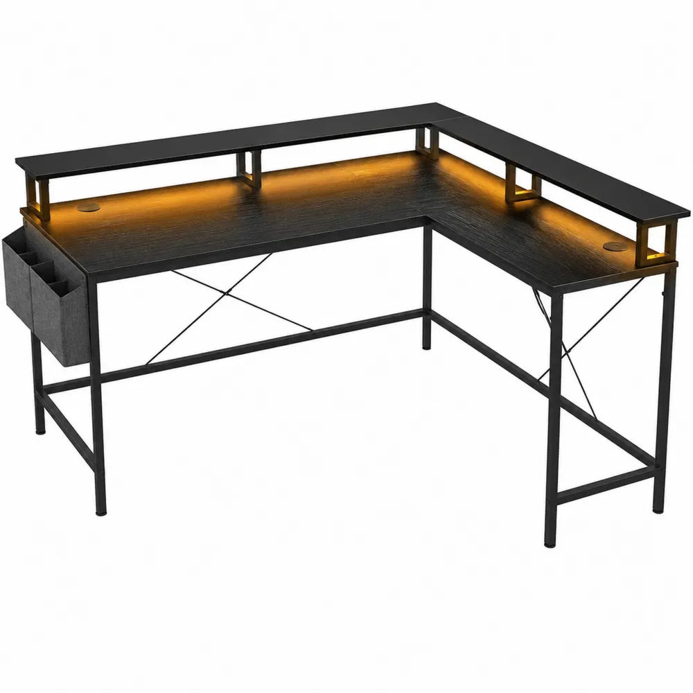 L-Shaped Metal and Wood Desk with LED Lighting and Storage Black 140cm x 120cm