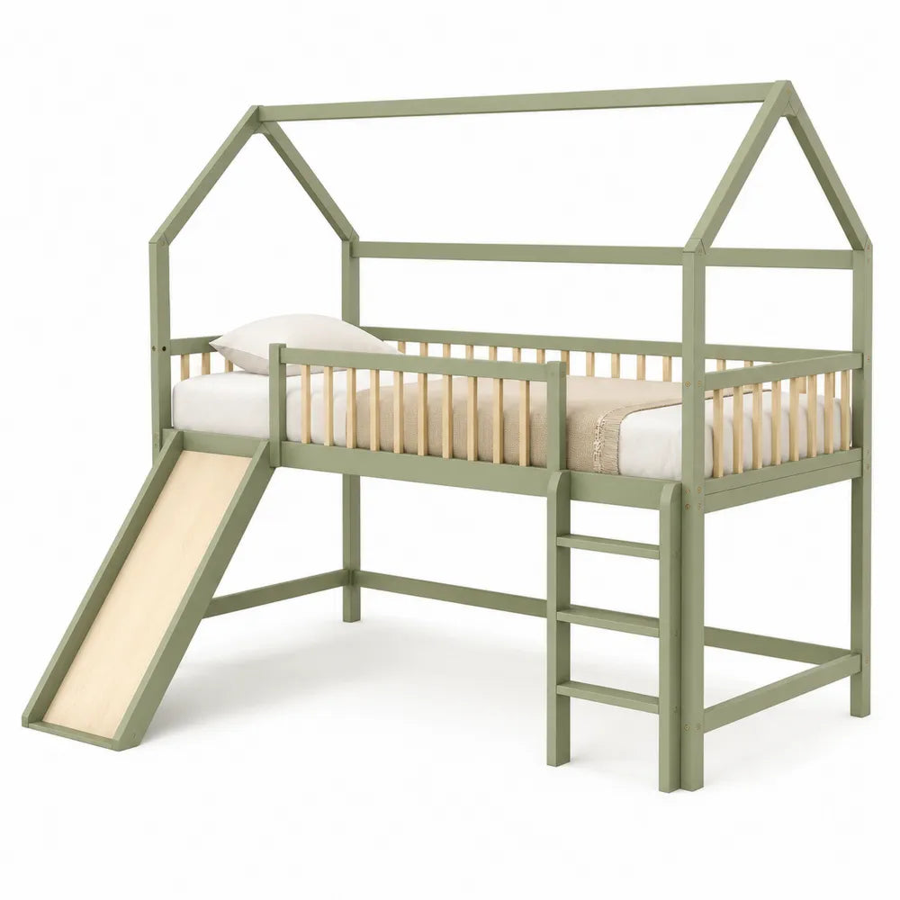 Children's House Bed with Slide Pine Wood Green 200x90 cm