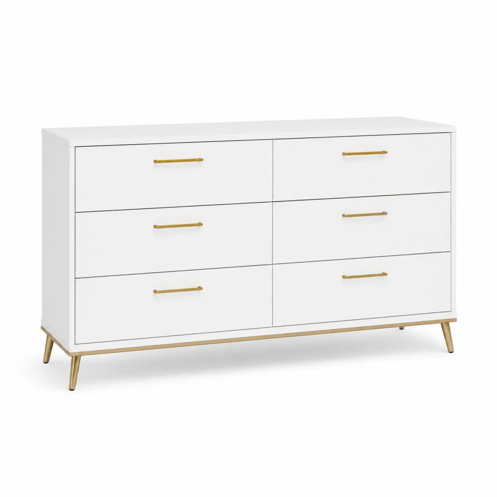White 6-Drawer Dresser MDF with Gold Metal Handles and Legs