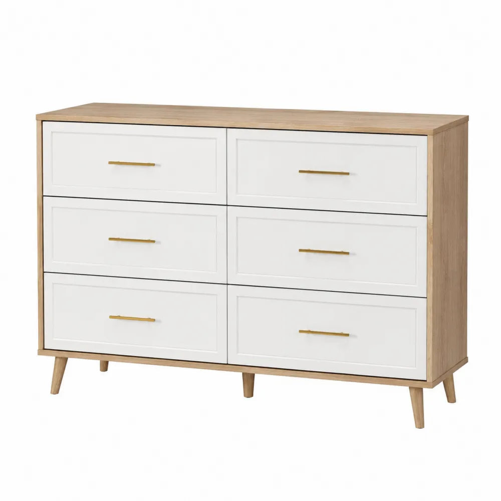 6-Drawer MDF Dresser with Oak Veneer, White and Oak, 120cm x 40cm x 80cm