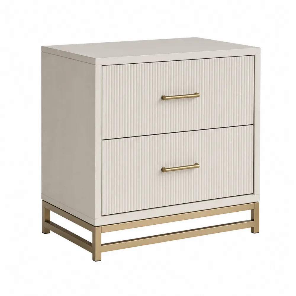 Beige MDF Nightstand with Metal Base and Two Drawers