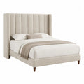 Fabric Upholstered Platform Bed with Wingback Headboard Beige Queen Size