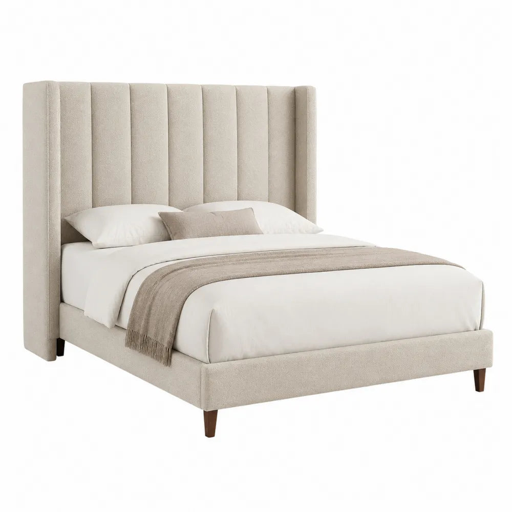 Fabric Upholstered Platform Bed with Wingback Headboard Beige Queen Size