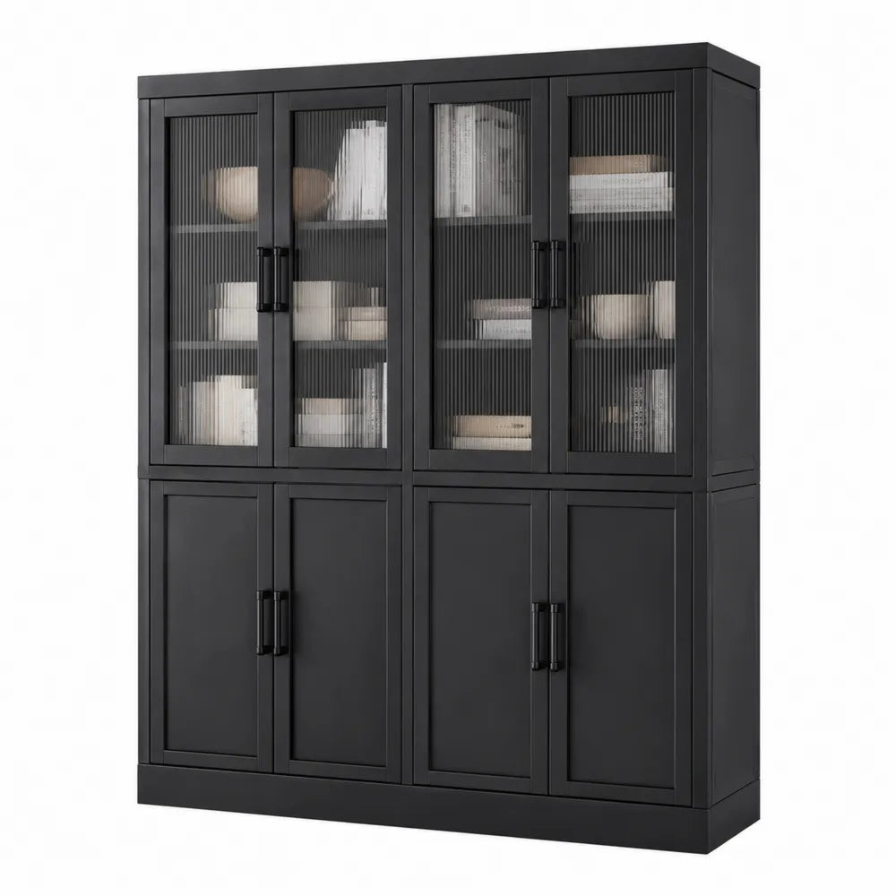 Black Steel Bookcase with Fluted Glass Doors 180x120x40cm