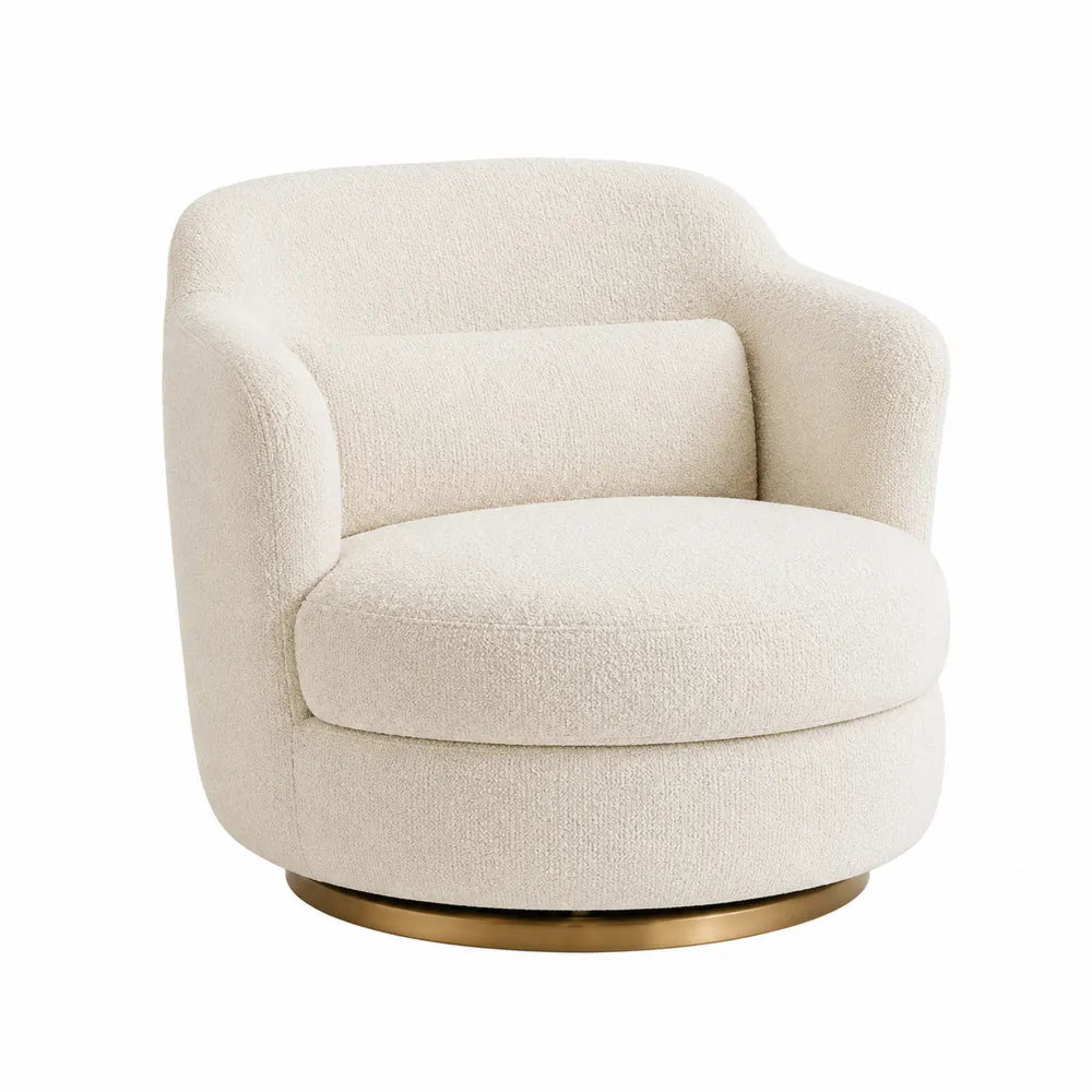 Boucl¨¦ Fabric Swivel Chair in Cream with Gold Metal Base 75cm H
