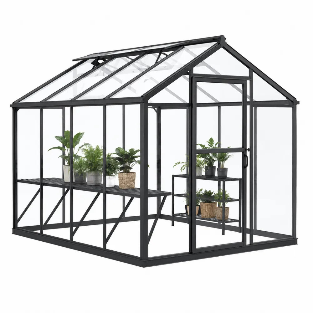 Aluminum Frame Greenhouse with Polycarbonate Panels and Shelving Black 195cm x 130cm x 200cm