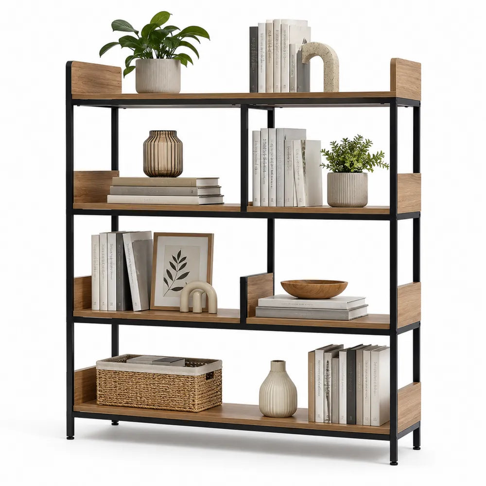 4-Tier Metal and Wood Bookcase with Black Frame and Oak Finish