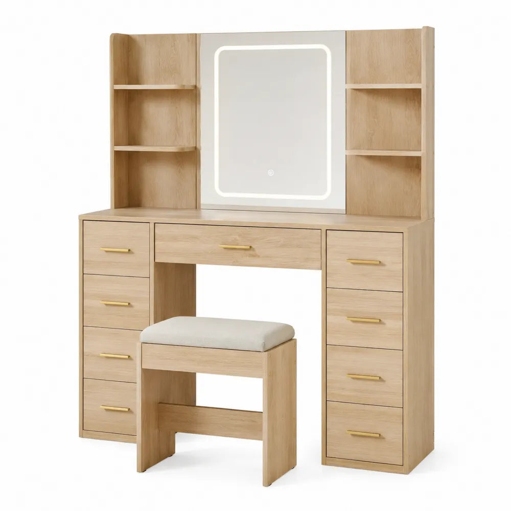 Wood Vanity Set with LED Mirror and Stool Light Oak 79.5x40x137 cm