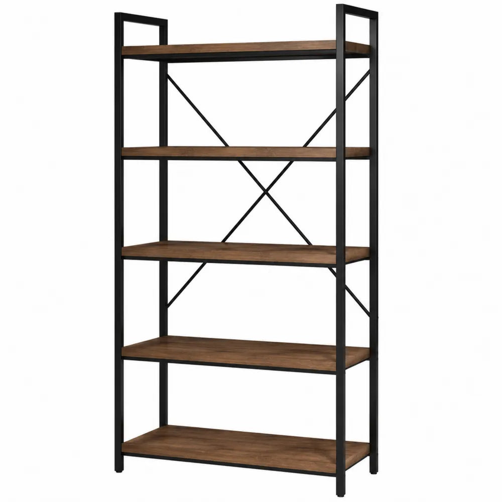 5-Tier Metal Frame Bookshelf with Wood Shelves