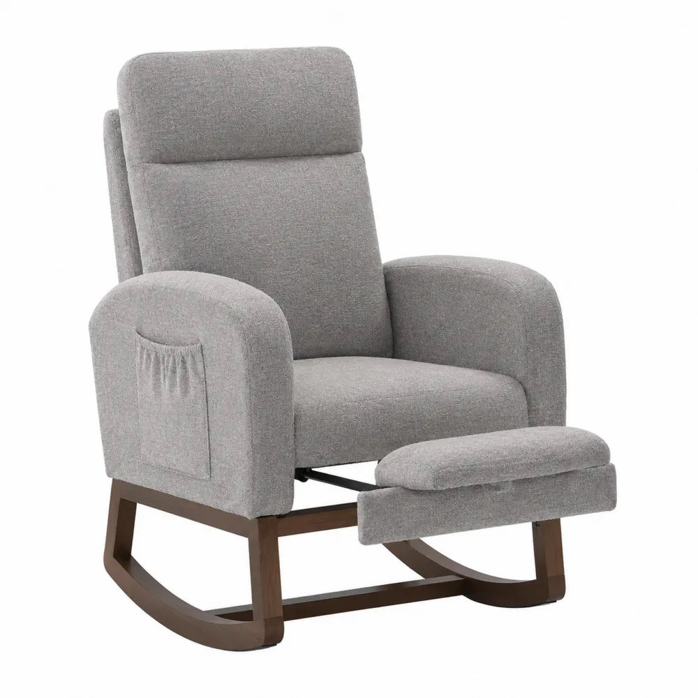 Recliner Rocking Chair Solid Wood Frame Grey Fabric