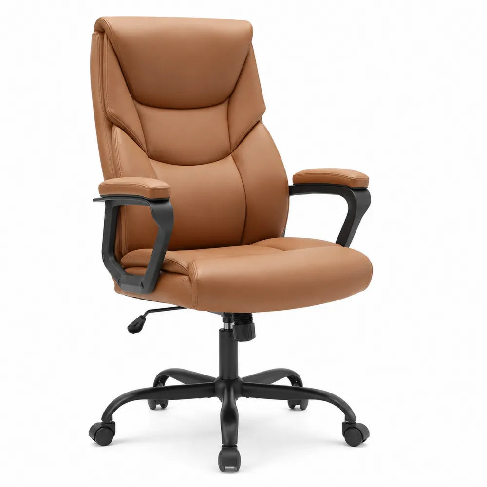Office Chair Faux Leather Brown Adjustable High-Back with Armrests