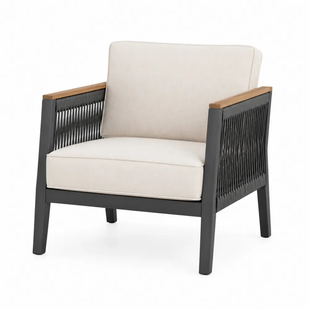 Aluminum Frame Outdoor Armchair with Beige Polyester Cushion and Black Rope Design