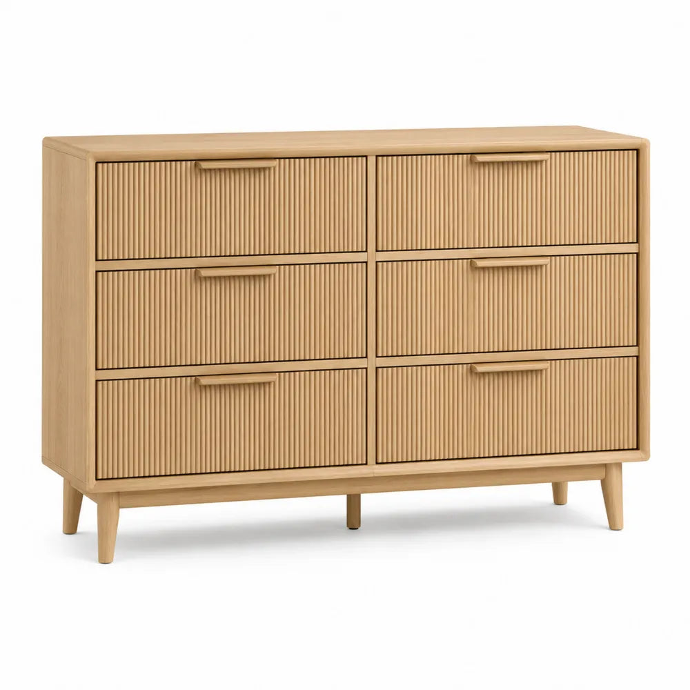 6-Drawer Oak Wooden Dresser with Ribbed Design 120cm x 40cm x 80cm