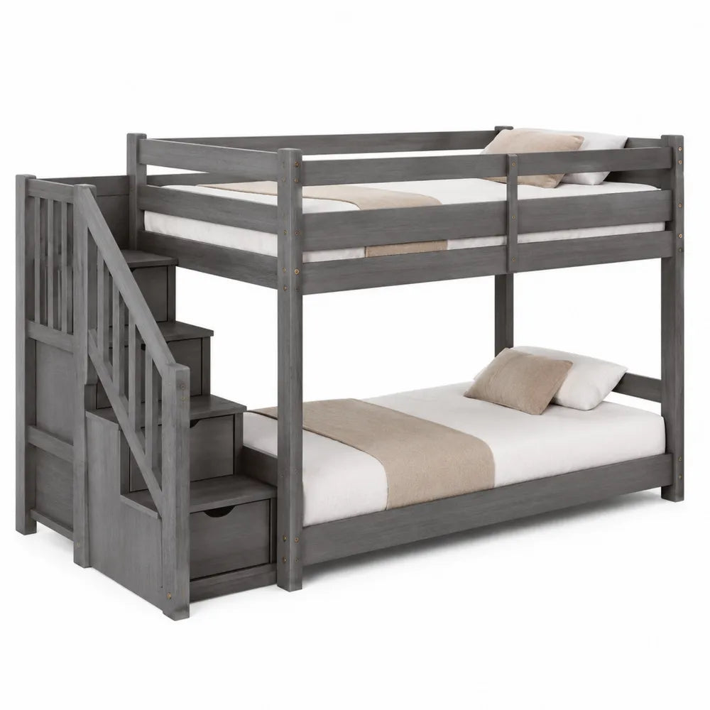 Wooden Bunk Bed with Stairs and Storage, Gray, Twin Size