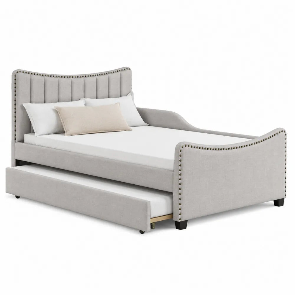 Light Gray Linen Upholstered Platform Bed with Trundle