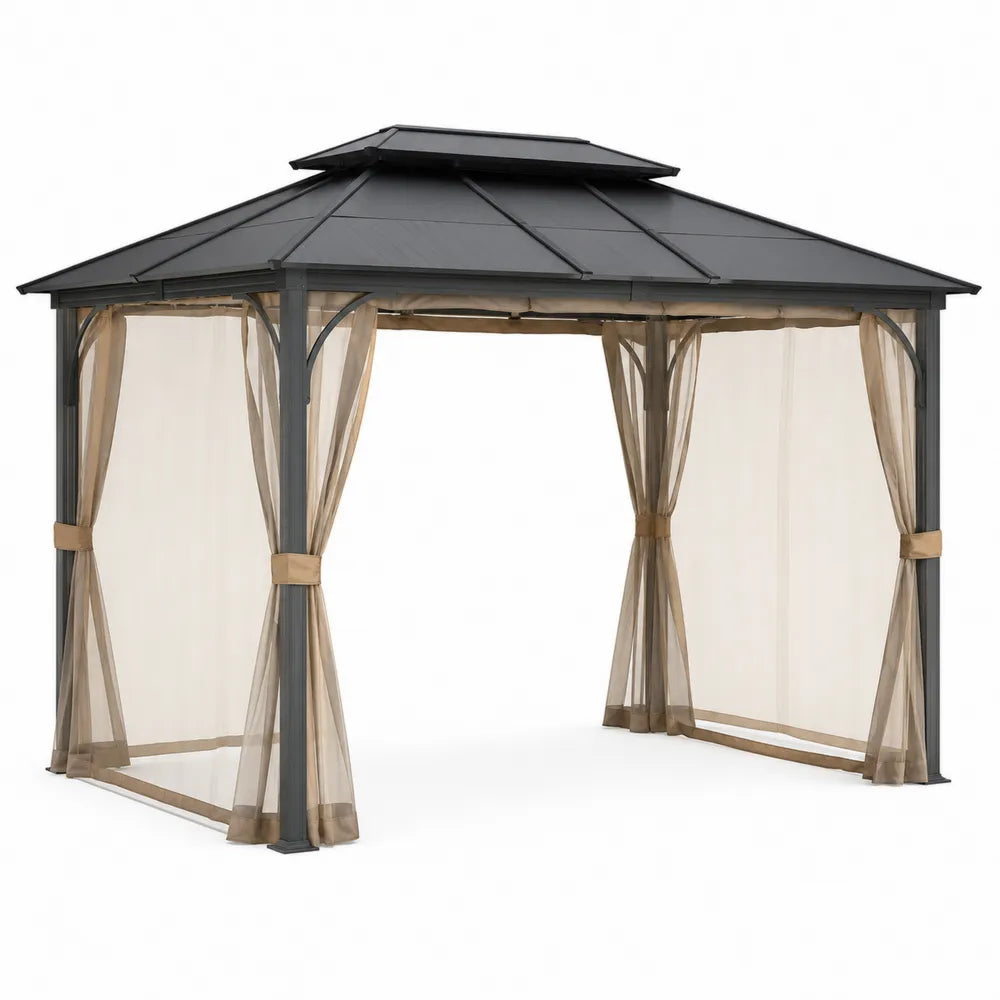 Rectangular Steel Gazebo with Aluminum Roof and Tan Polyester Netting 3m x 4m