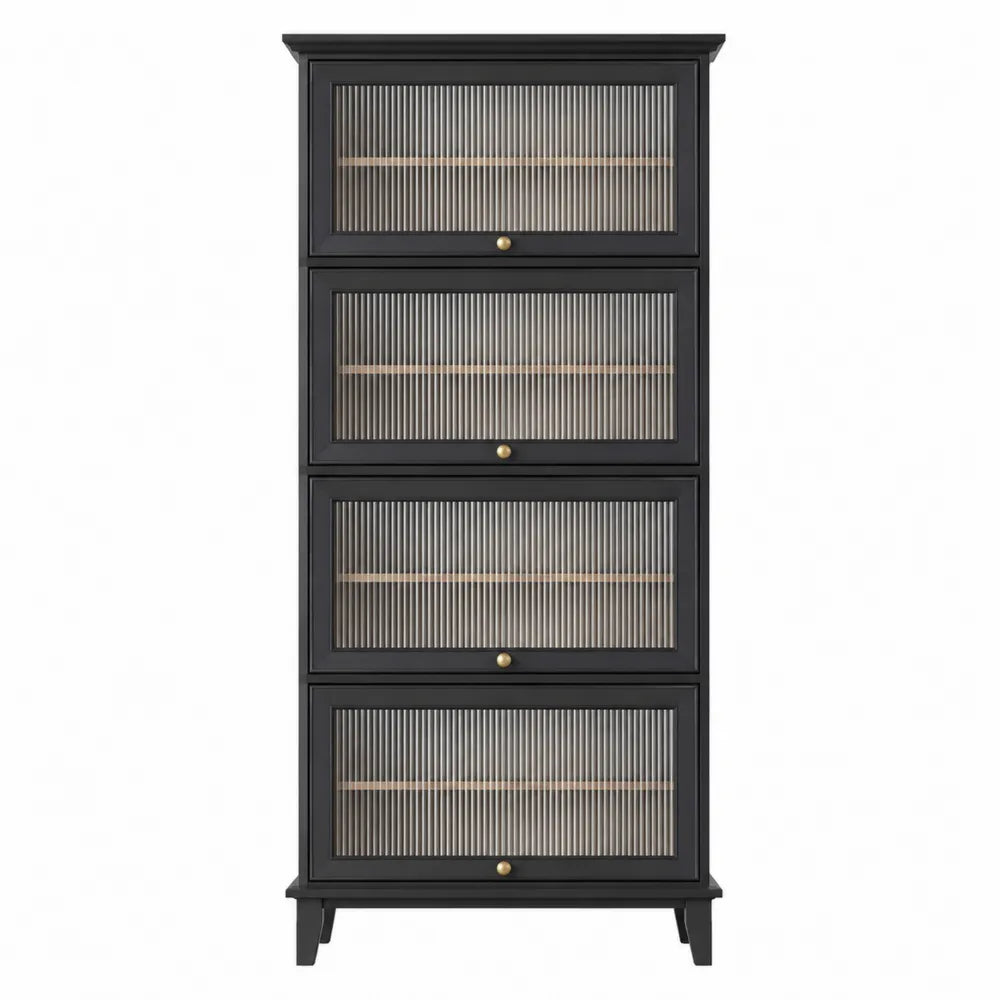 Tall Black Wood Ribbed Glass Door Storage Cabinet