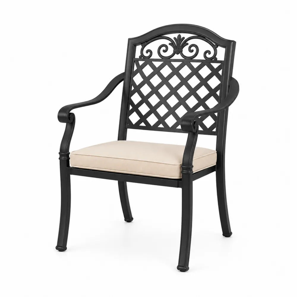 Outdoor Metal Armchair with Lattice Back and Beige Cushion