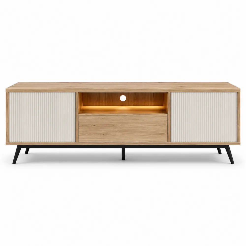 Wood TV Stand with Storage Cabinets and Open Shelf, 160cm, Oak/White