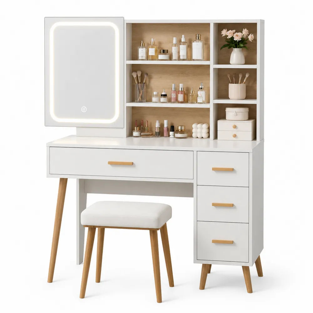 White Wood Vanity Set with LED Mirror and Stool