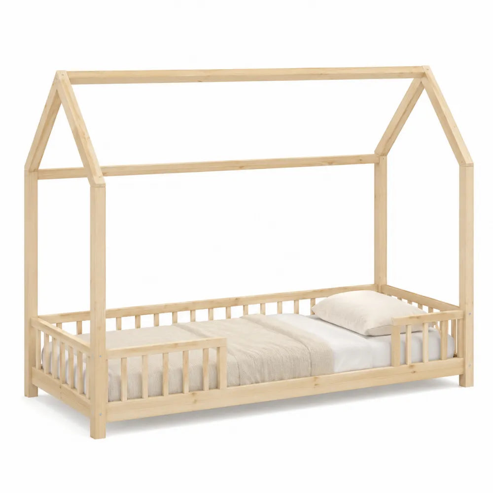 House Shaped Pine Wood Twin Bed Frame Natural 200 x 100 cm