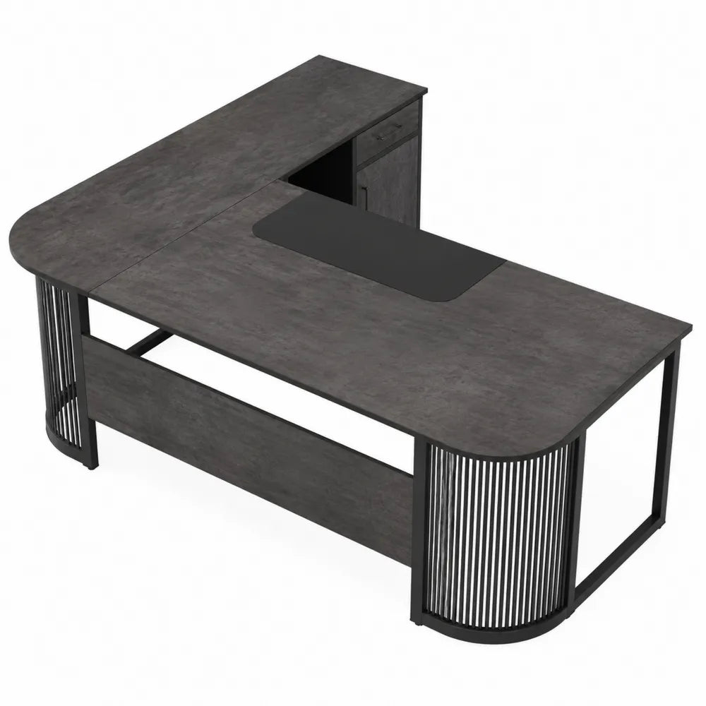 L-Shaped Office Desk with Metal Frame and Composite Wood Surface