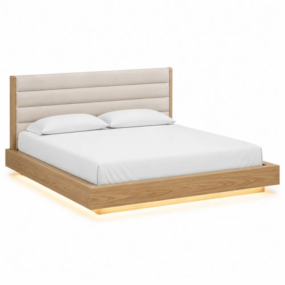 Queen Platform Bed Wood Frame with Linen Upholstered Headboard Beige
