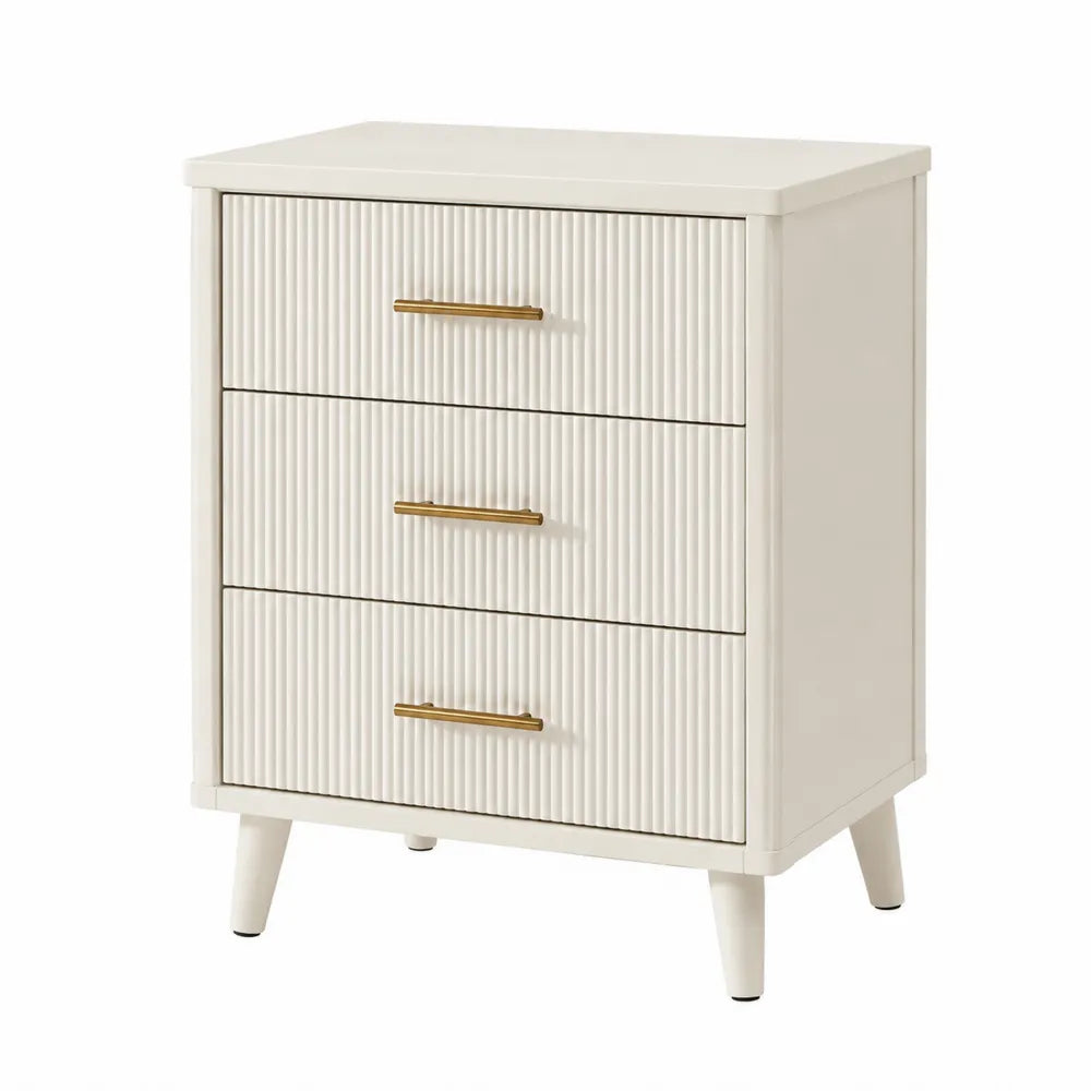 Three-Drawer Engineered Wood Nightstand with Metal Handles in Cream