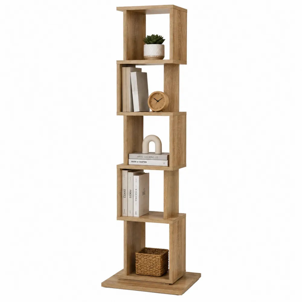 5-Tier Wood S-Shaped Bookcase Display Shelf Unit Natural