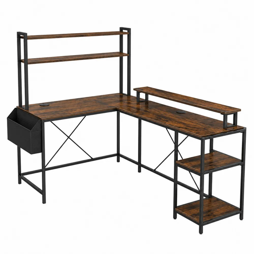 L-Shaped Particle Board and Metal Desk with Shelves in Rustic Brown and Black