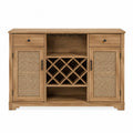 Wood Sideboard with Woven Rattan Doors and Wine Storage, Natural Finish, 80cm Height