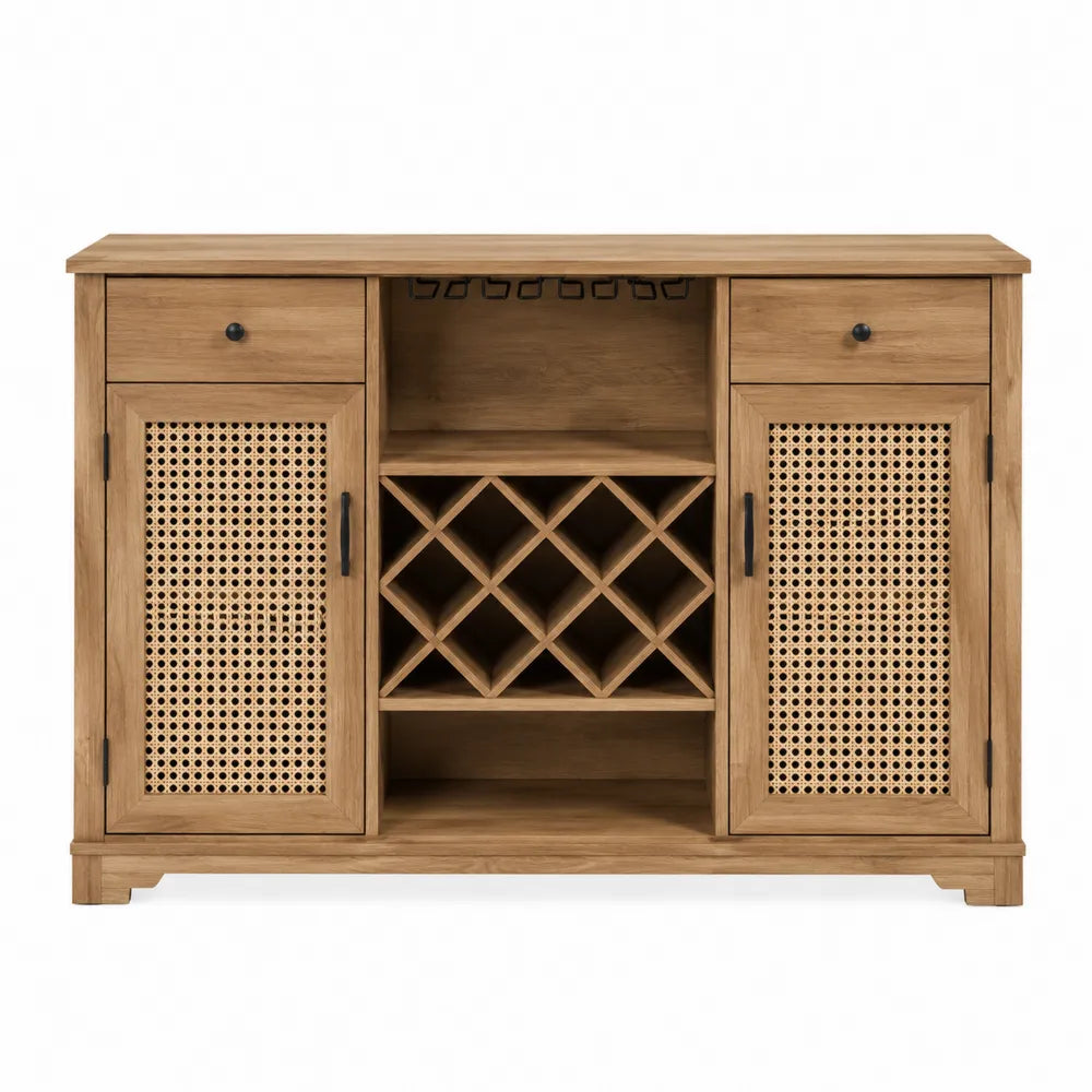 Wood Sideboard with Woven Rattan Doors and Wine Storage, Natural Finish, 80cm Height