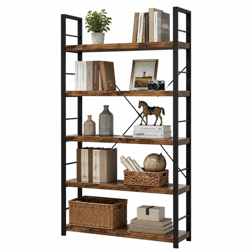 5-Tier Metal Frame Wood Bookshelf 80x30x180 cm