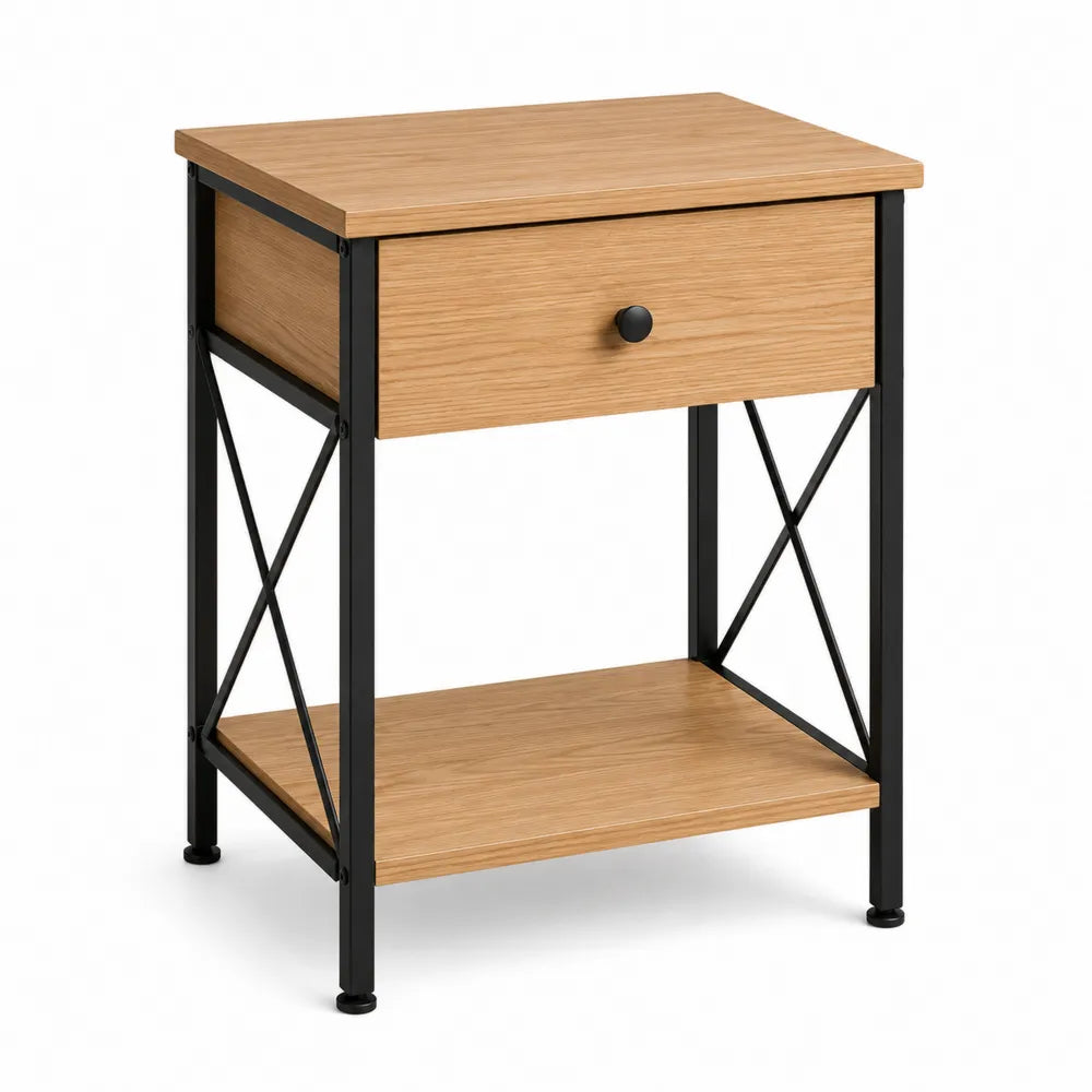 Wood Nightstand with Metal Frame and Drawer 45cm x 35cm x 60cm