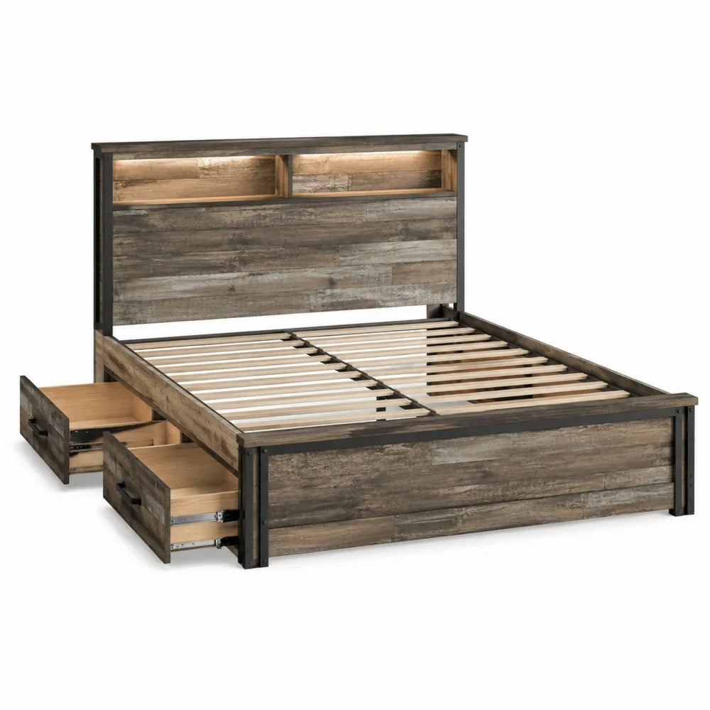 Queen Storage Bed with Shelved Headboard and Light Wood Finish