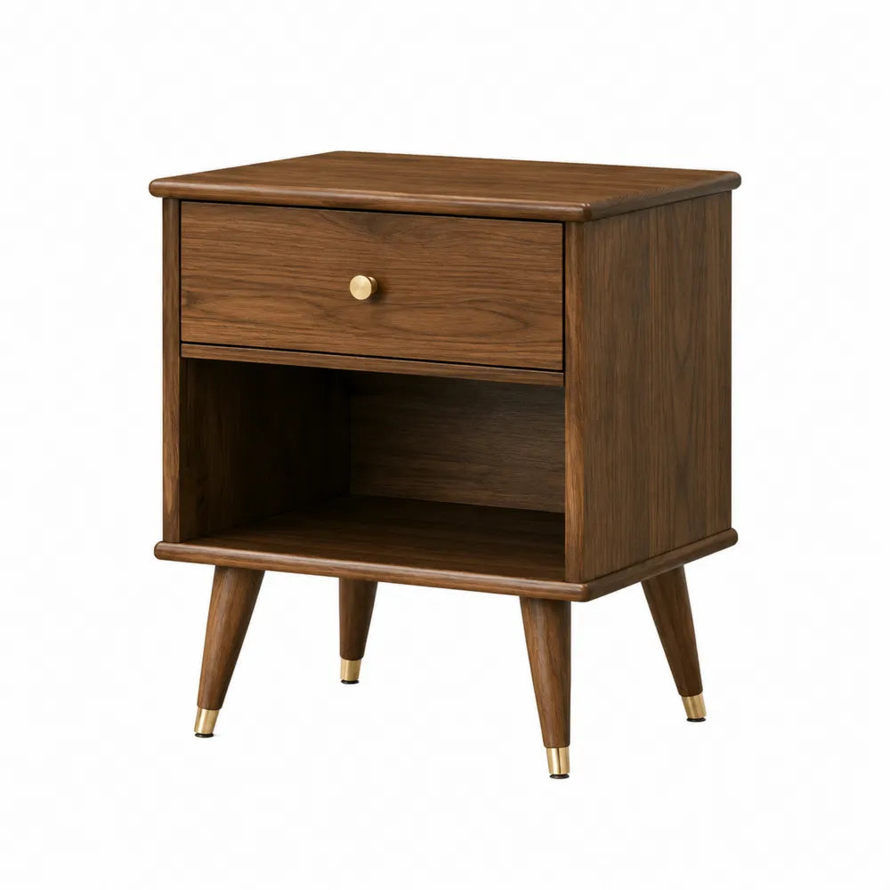 Rectangular Solid Wood Bedside Table with Brass Handle Drawer