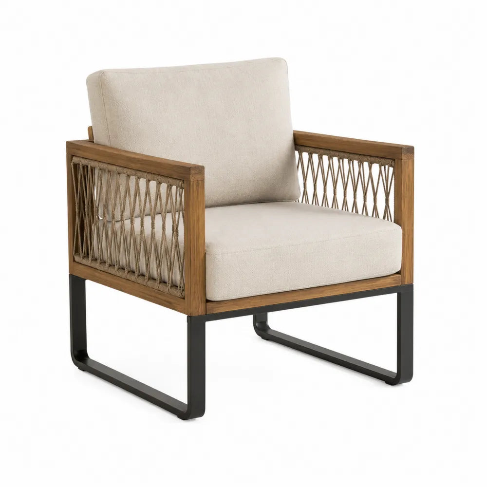 Teak Wooden Chair with Rope Design and Beige Cushions