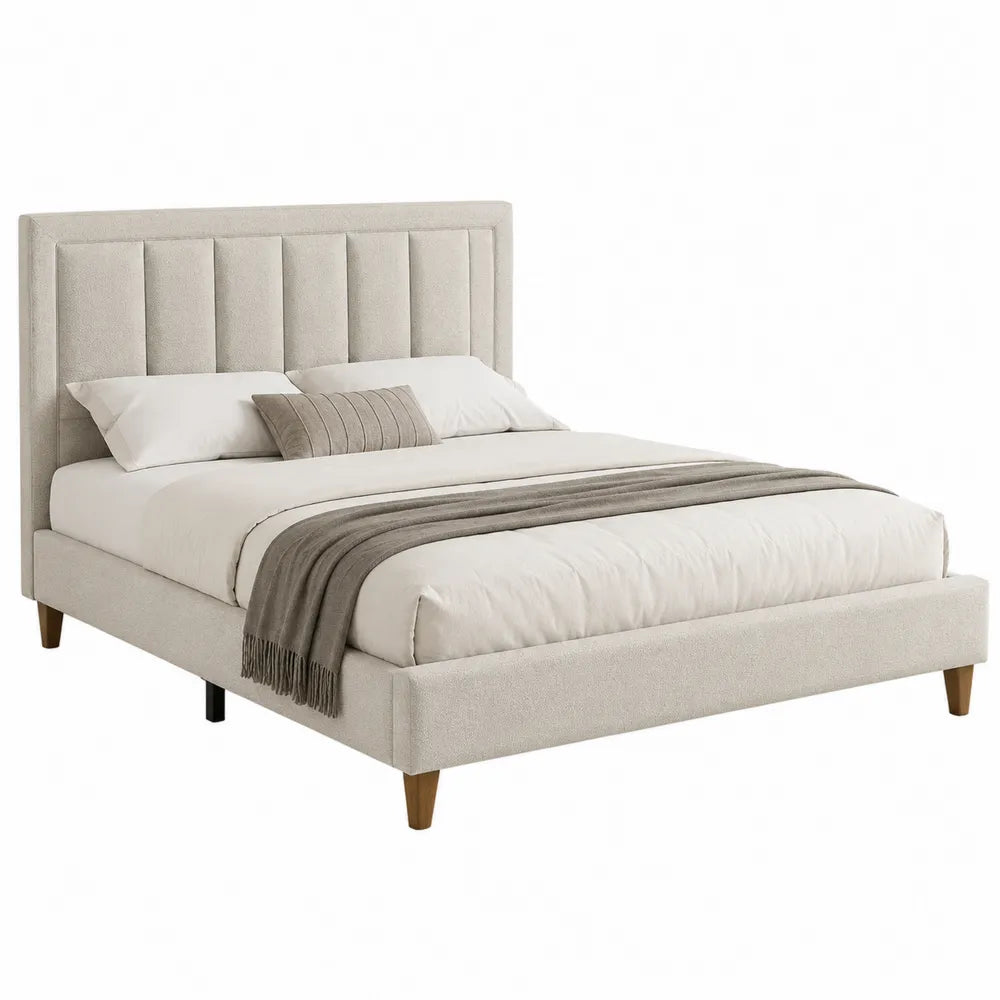 Wood Upholstered Platform Bed with Polyester Headboard Beige Queen Size