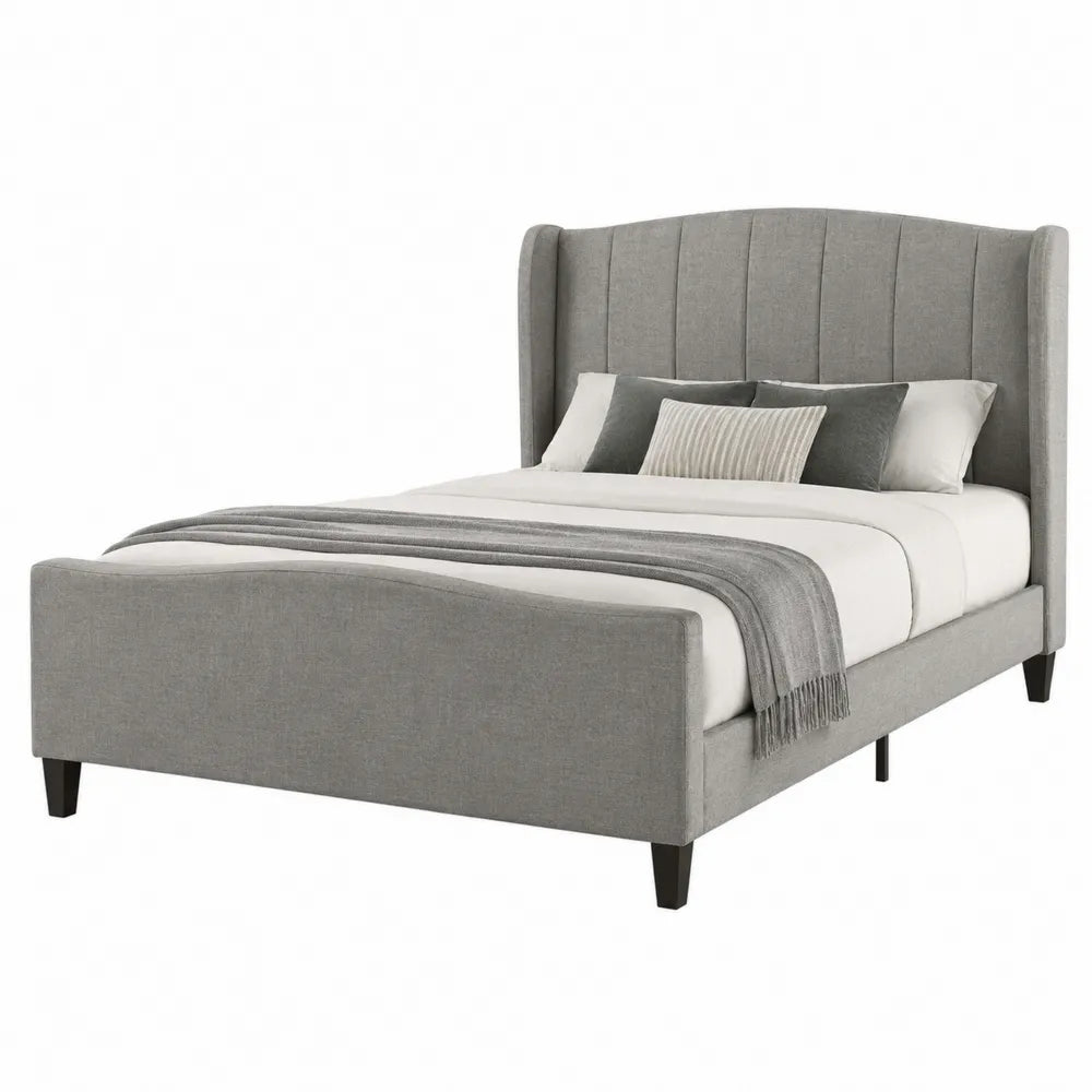 Gray Linen Upholstered Wingback King Size Bed