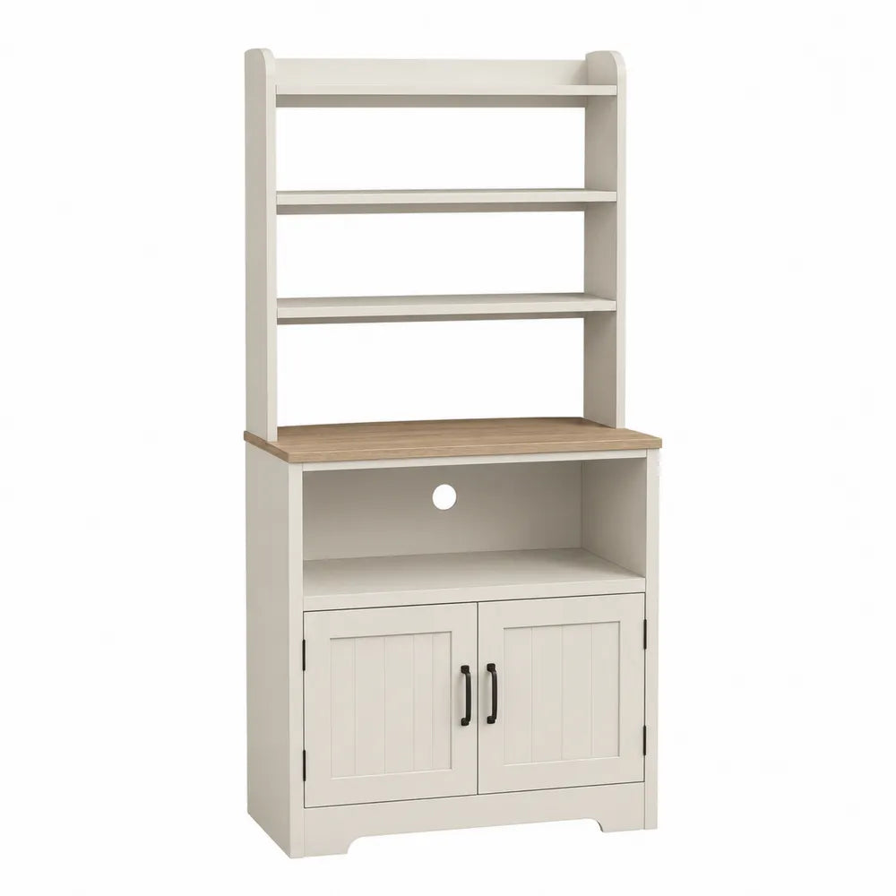 White Pantry Cabinet with Shelves and Oak Veneer Surface